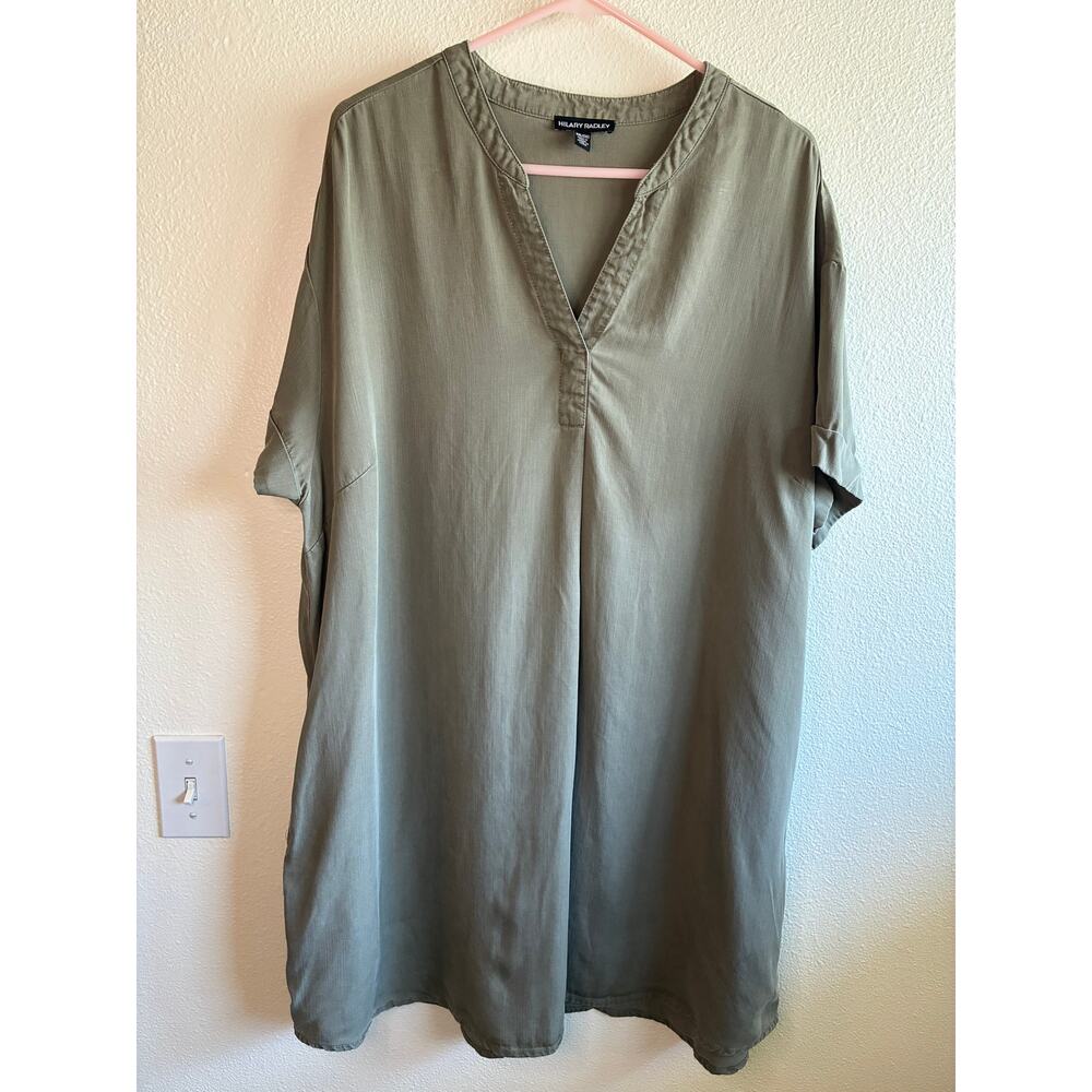 HILARY RADLEY | Olive Green Tencel Shirt Dress V-Neck Mandarin Collar | XXL